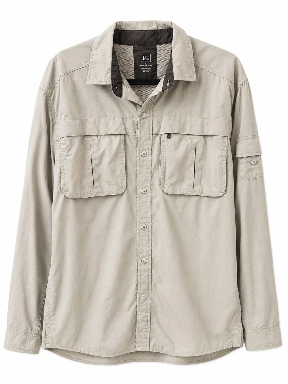 REI Mens L Beige Vented Fishing Safari Outdoor Long Sleeve Button-Up Roll Tab